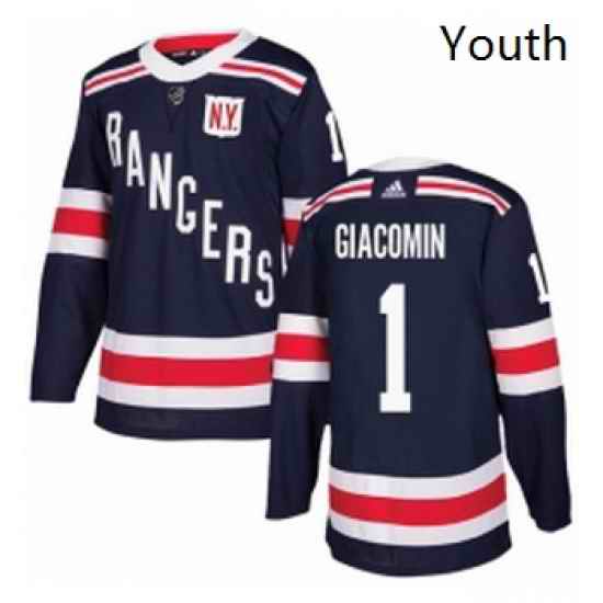 Youth Adidas New York Rangers 1 Eddie Giacomin Authentic Navy Blue 2018 Winter Classic NHL Jersey